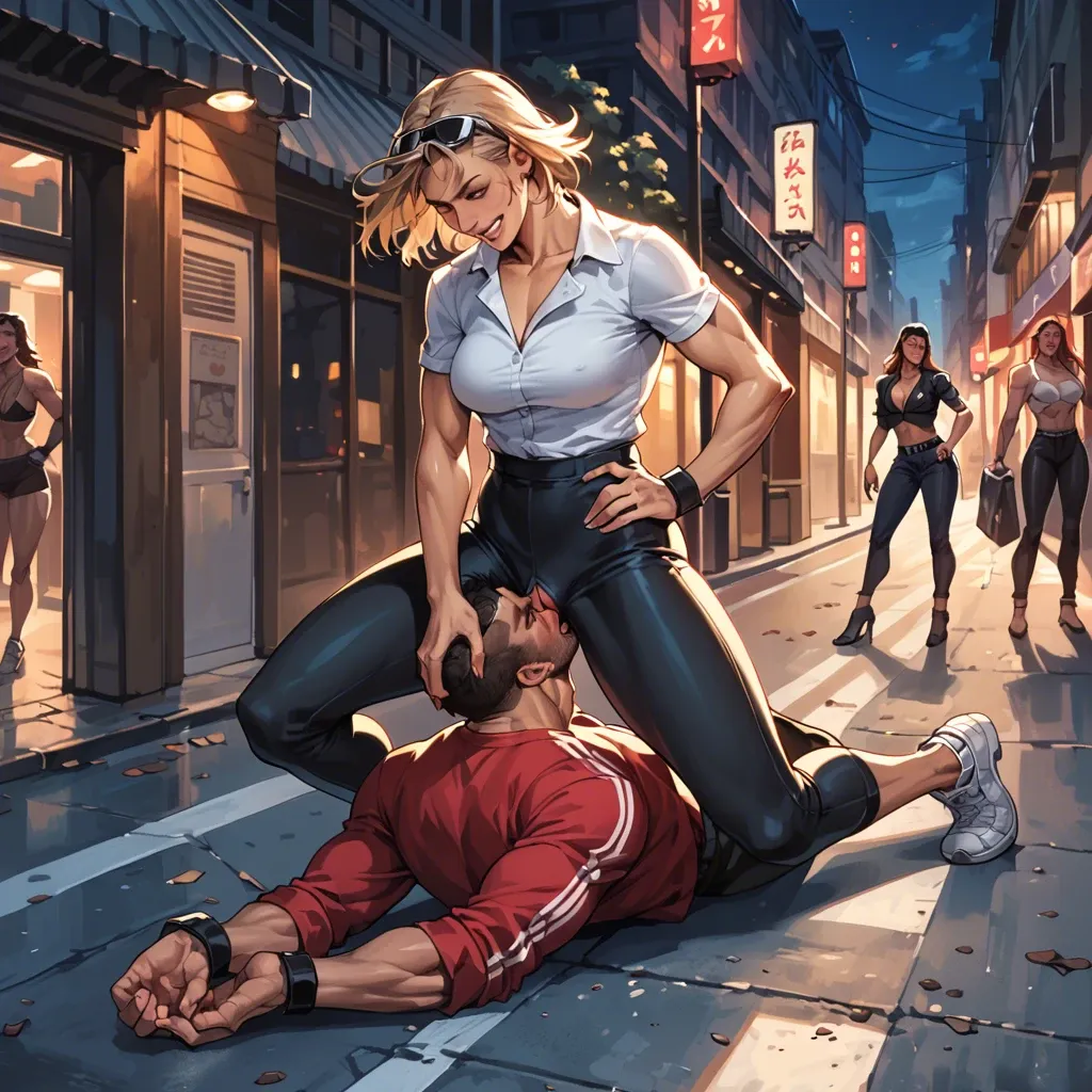 Street fighting, smile girl, femdom, night, street clothes, on public, pants, grabbed head with legs, cunnilingus