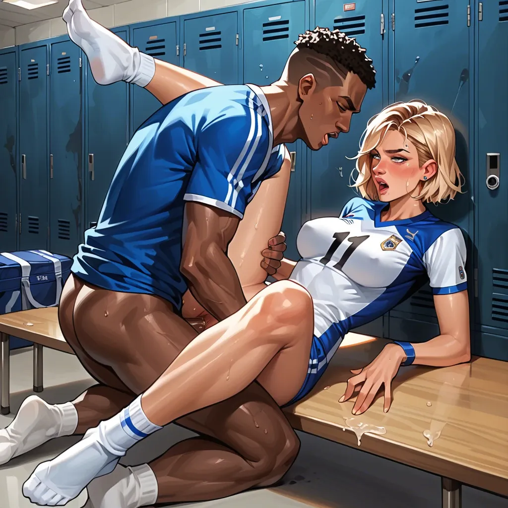 1girl,1boy, , , , Gwen Stacy,fucked by very dark skinned man,missionary position, dressed in soccer jersey,white ankle socks, male is African American, locker room, cartoon, anime style, very detailed, volumetric lighting, dynamic view