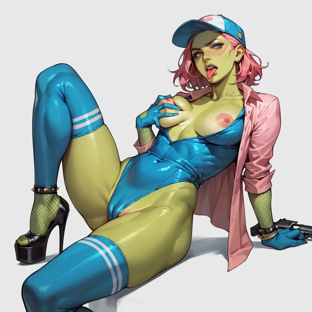 1girl,solo, , , , light blue eyes,handgun,perfect nipples,licking breast,green skin, no pants,blue stockings,fishnet gloves,leotard aside,platform heels, open shirt,anklets,garrison cap,pink leotard,no shoes, long dress,gold stockings,opaque glasses,bra lift,stiletto heels, bedroom, daphne blake, spaceship, table, table, elsa