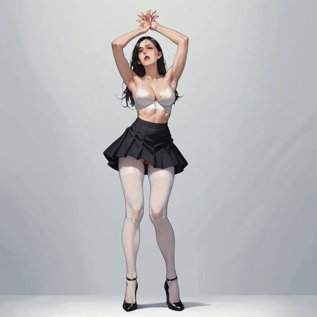 black high heels, white tights, skirt, hands up, armpits, dansing, standing