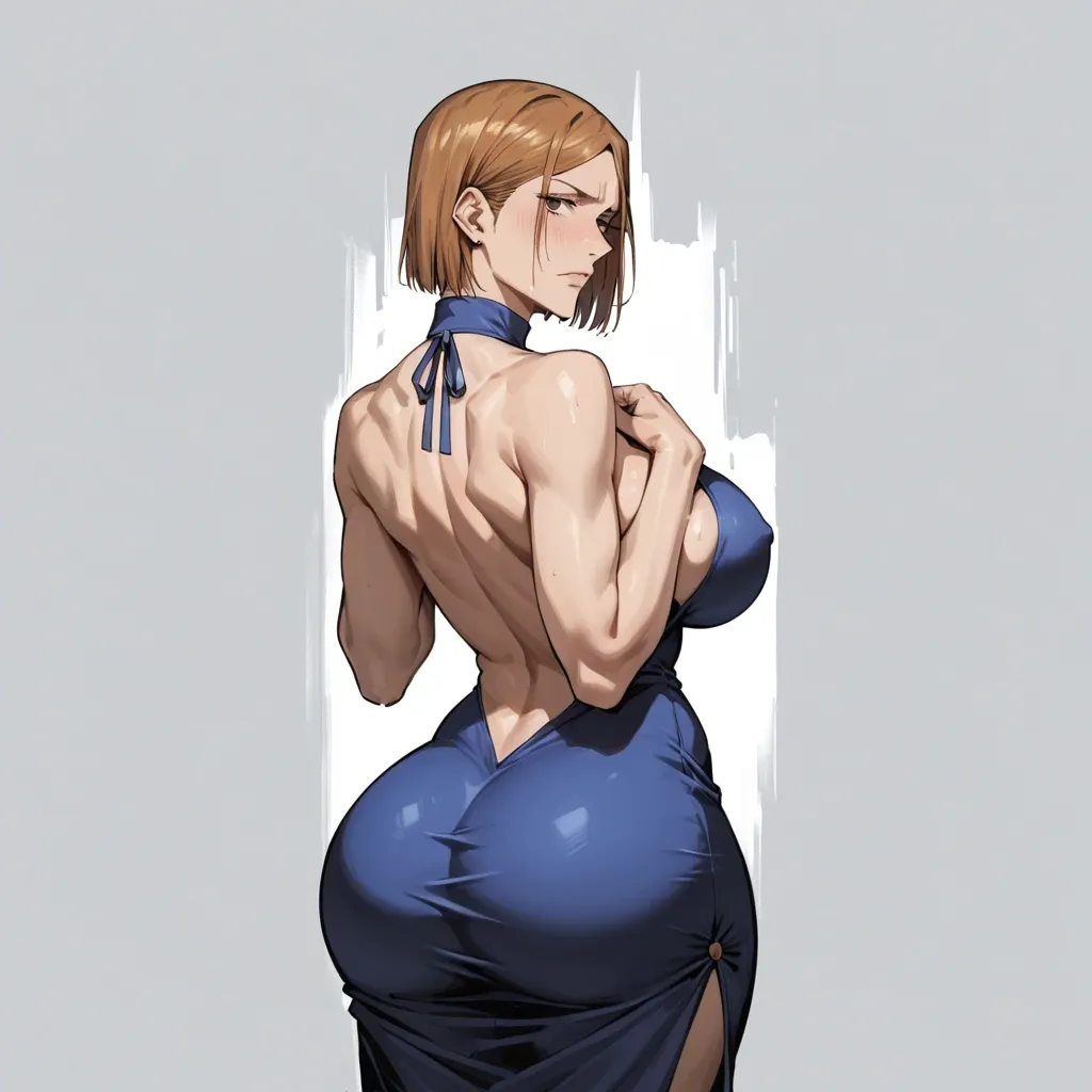 Kugisaki Nobara (jujutsu kaisen), show face, hands on chest, detailed face, focus from behind, massive ass, massive breast, wearing dress, backless dress, tight ass, focus ass, bedroom