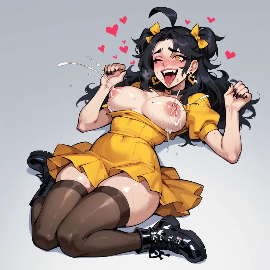 @anya,sex,stockings,boots,yellow nerdy girl dress,in gamer room,laughing,one eye closed,lactating,aheago,torogao