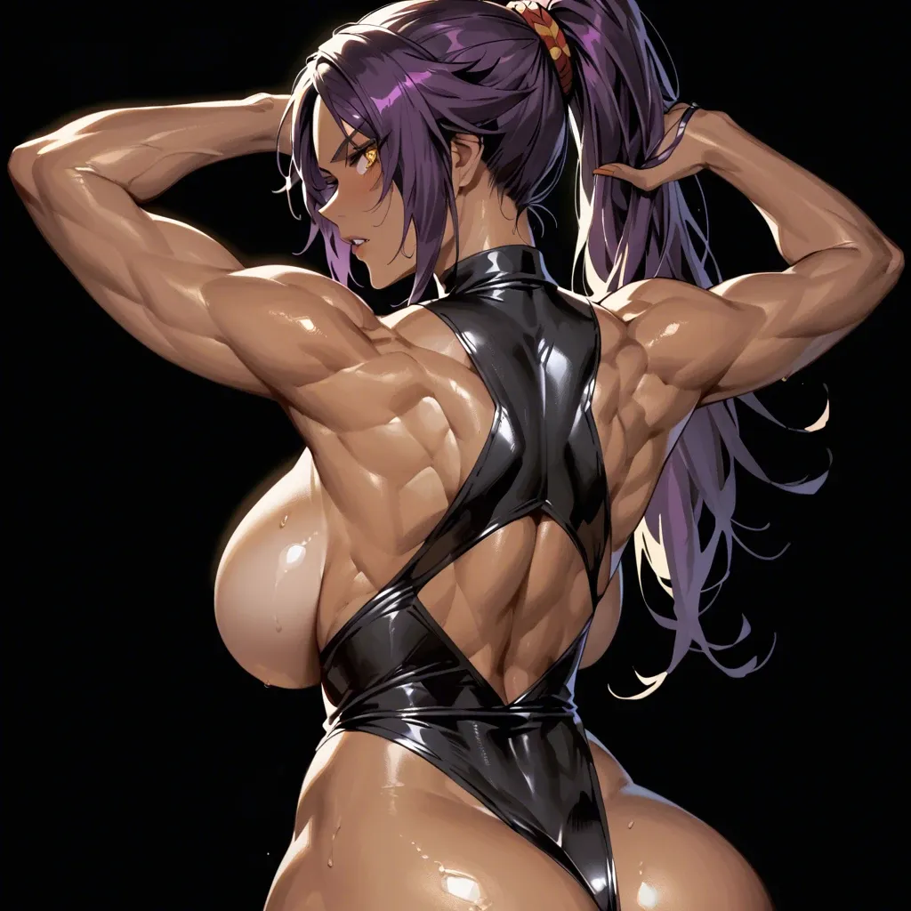 1 girl, Yoruichi Shihoin, show face, brilliant eyes, focus from behind, upper body, tight clothes, detailed face, black background, do not show hands, massive ass, massive breast, abs, High definition, backless dress