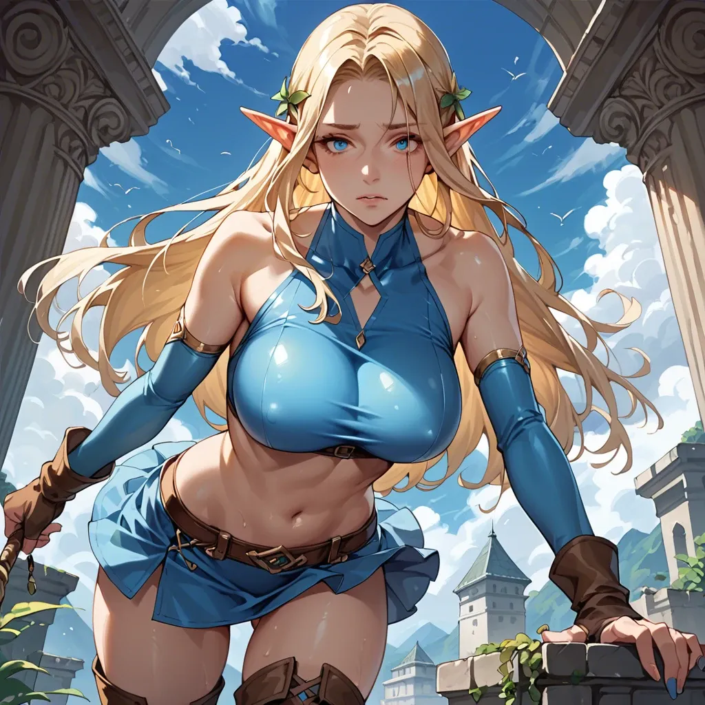 oppai_lolly,longHAIR,BLONDE_HAIR,blue_EYES, POINTY EARS, ELF,thigh_boots,large breasts,  navel, collarbone, skyblue clothes,micro tight skirt,