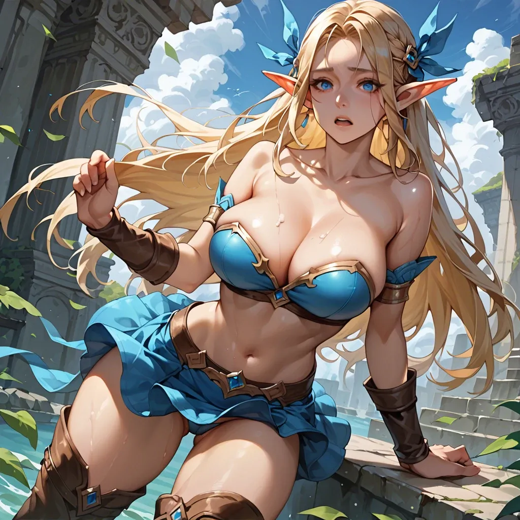 oppai_lolly,longHAIR,BLONDE_HAIR,blue_EYES, POINTY EARS, ELF,thigh_boots,large breasts,  cleavage,waist cincher,strapless bra, navel, collarbone, skyblue clothes,micro tight skirt,dagger,