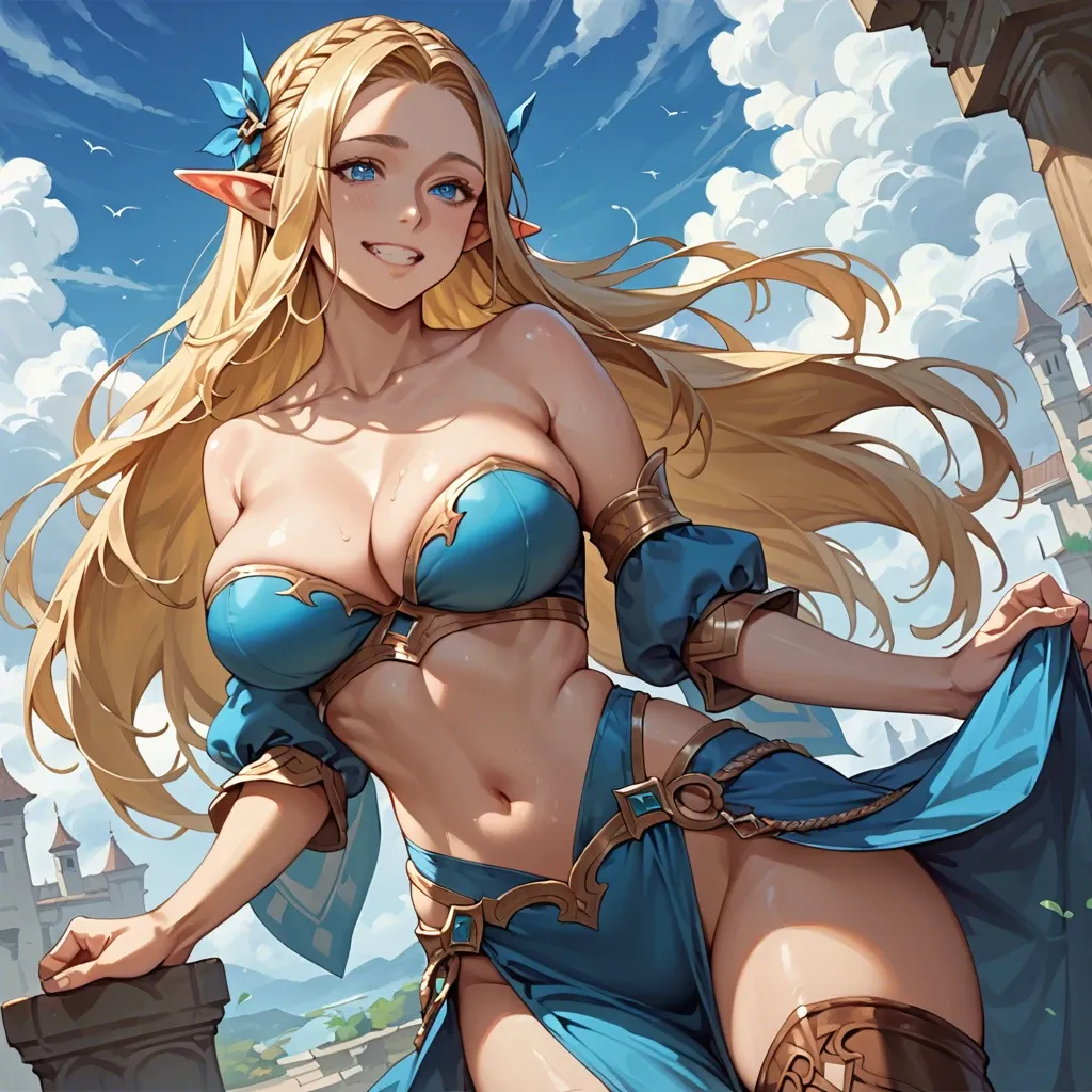 oppai_lolly,happy smile, longHAIR,BLONDE_HAIR,blue_EYES, POINTY EARS, ELF,thigh_boots,large breasts,  cleavage,waist cincher,strapless bra, navel, collarbone, skyblue clothes,micro tight skirt,form back,ass,