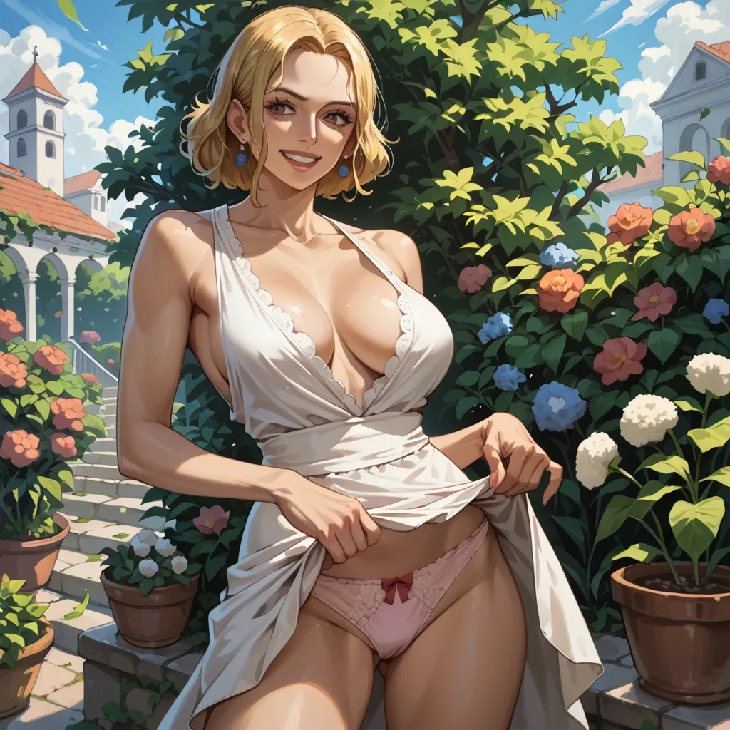 Milf, one piece dress, lifting skirt up, cotton panties, huge boobs, downblouse, cleavage, smiling, blonde, fit body, garden