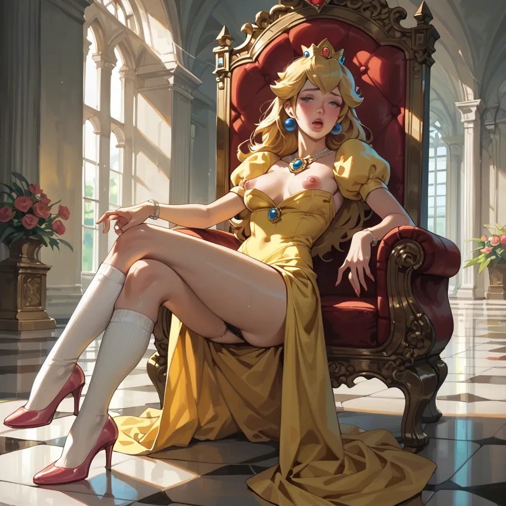 1girl,solo, , , , chin,heavy blushing,thick nipples,love handles,textured skin, yellow dress,knee socks,shaped jewelry,black panties,heels, barbie, throne room, semi-realistic, bright sunlight, princess peach, ariel waifu