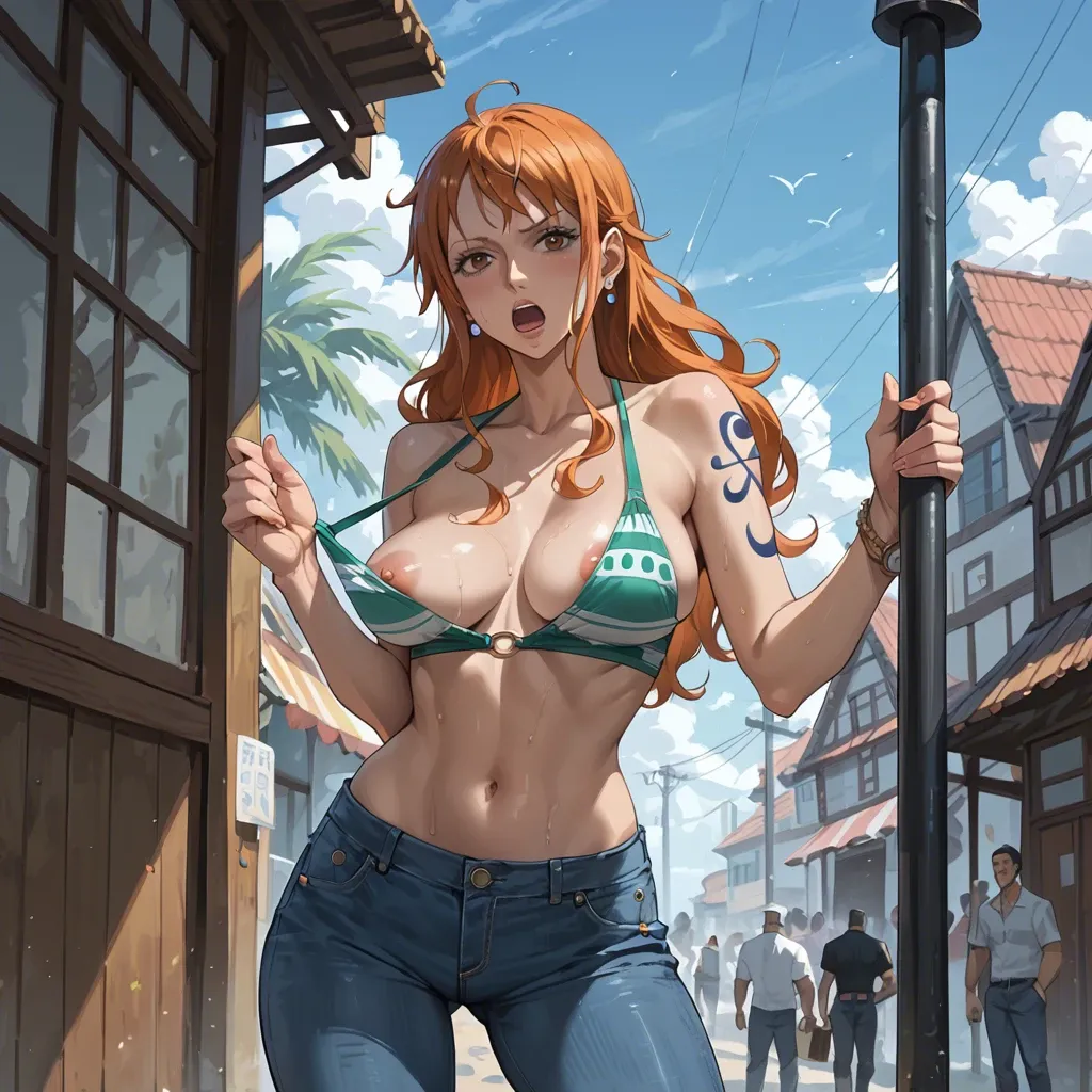 nami one piece,  jeans pants,  show breasts