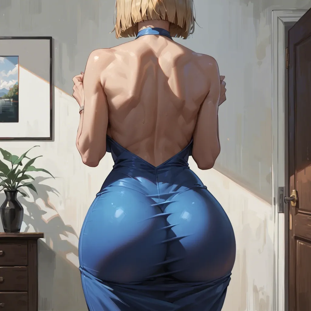 1 girl, android 18, hands on chest, detailed face, focus from behind, massive ass, massive breast, wearing dress, backless dress, tight ass, focus ass, bedroom