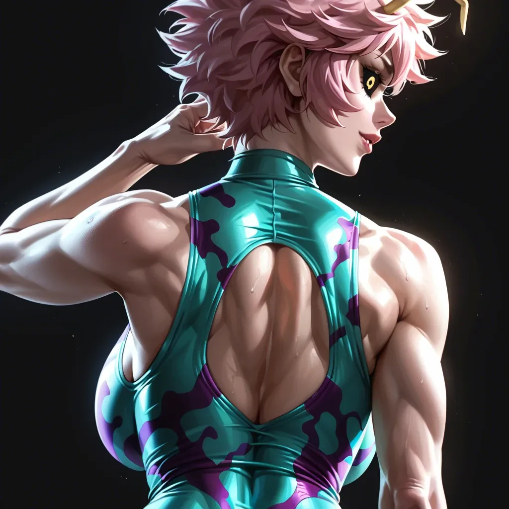 1 girl, Mina Ashido, show face, brilliant eyes, focus from behind, upper body, tight clothes, detailed face, black background, do not show hands, massive ass, massive breast, abs, High definition, backless dress