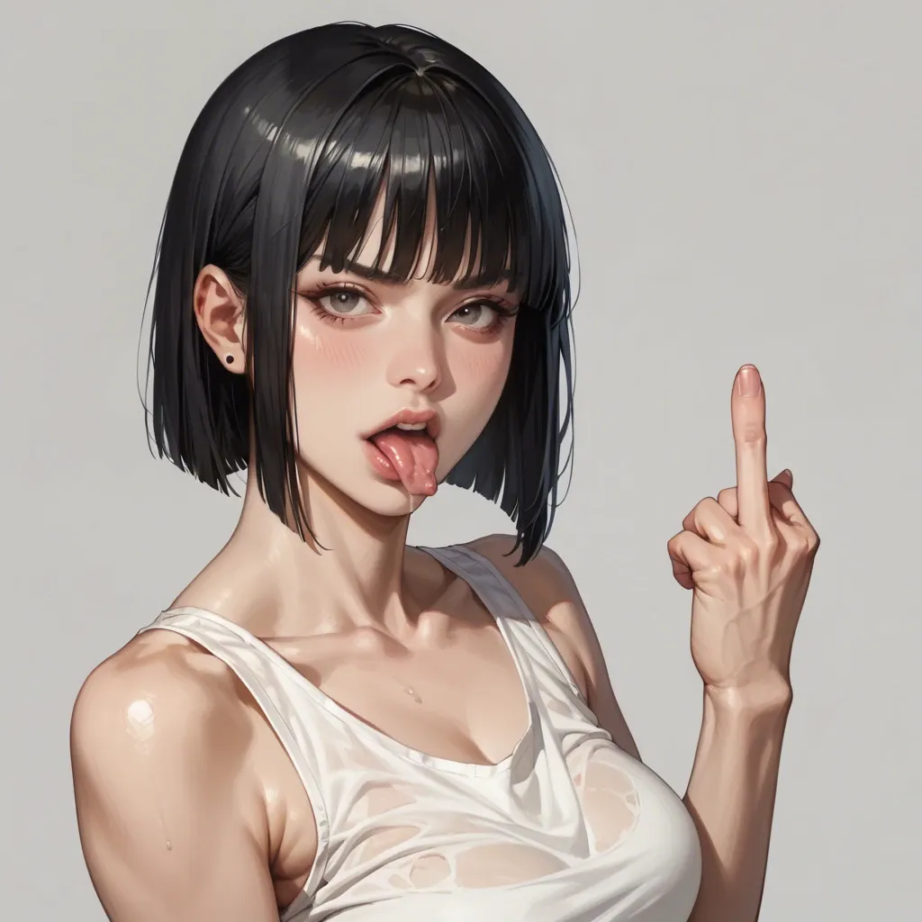 1 girl, blunt bob black hair, white tank top, licking, middle finger, solo, detailed, grey background