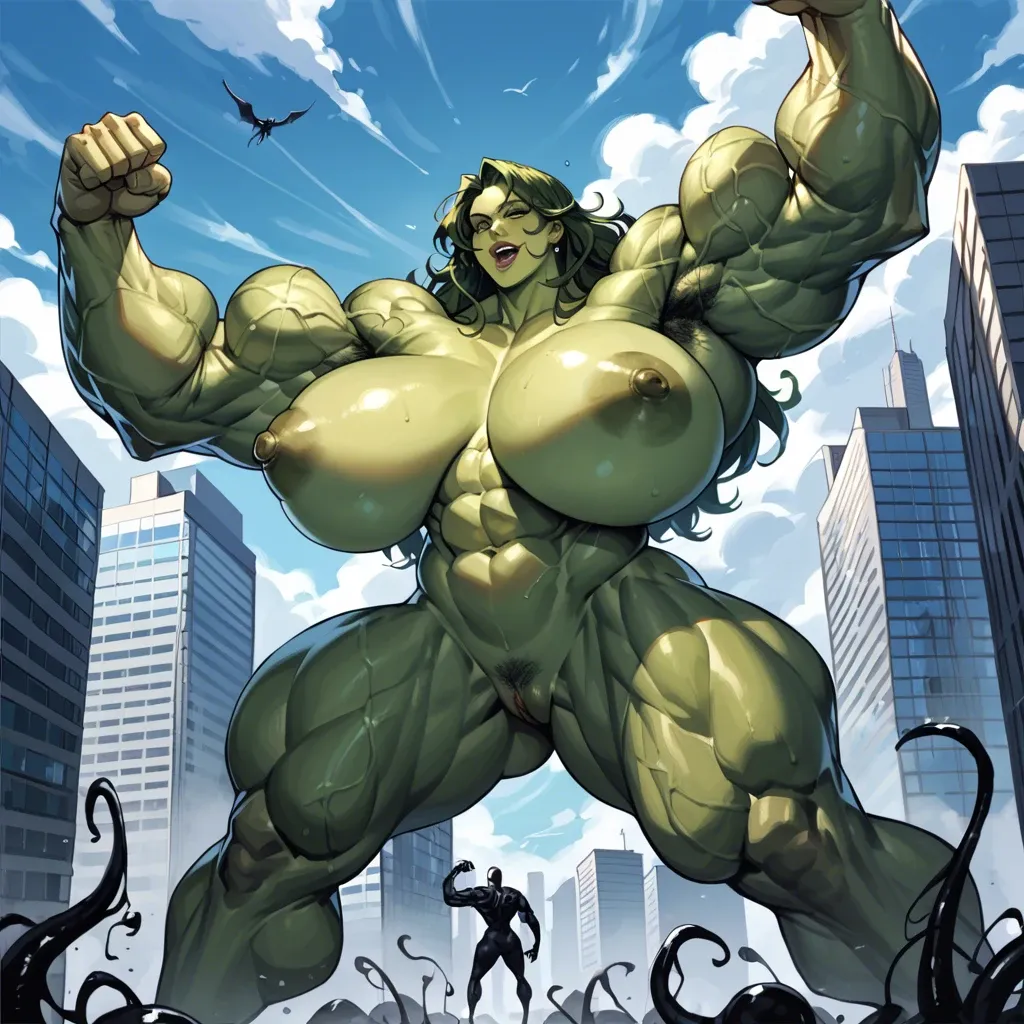 She-hulk (giantess, huge breasts), she-venom (giantess, gigantic arms), 2girl, gigantic muscles, huge breasts