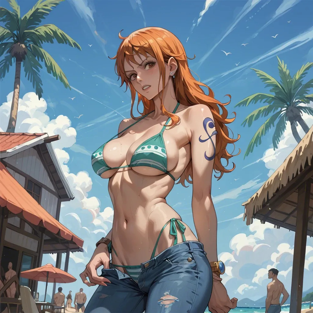 nami one piece, normal bikini, jeans pants,  bikini pull show breasts