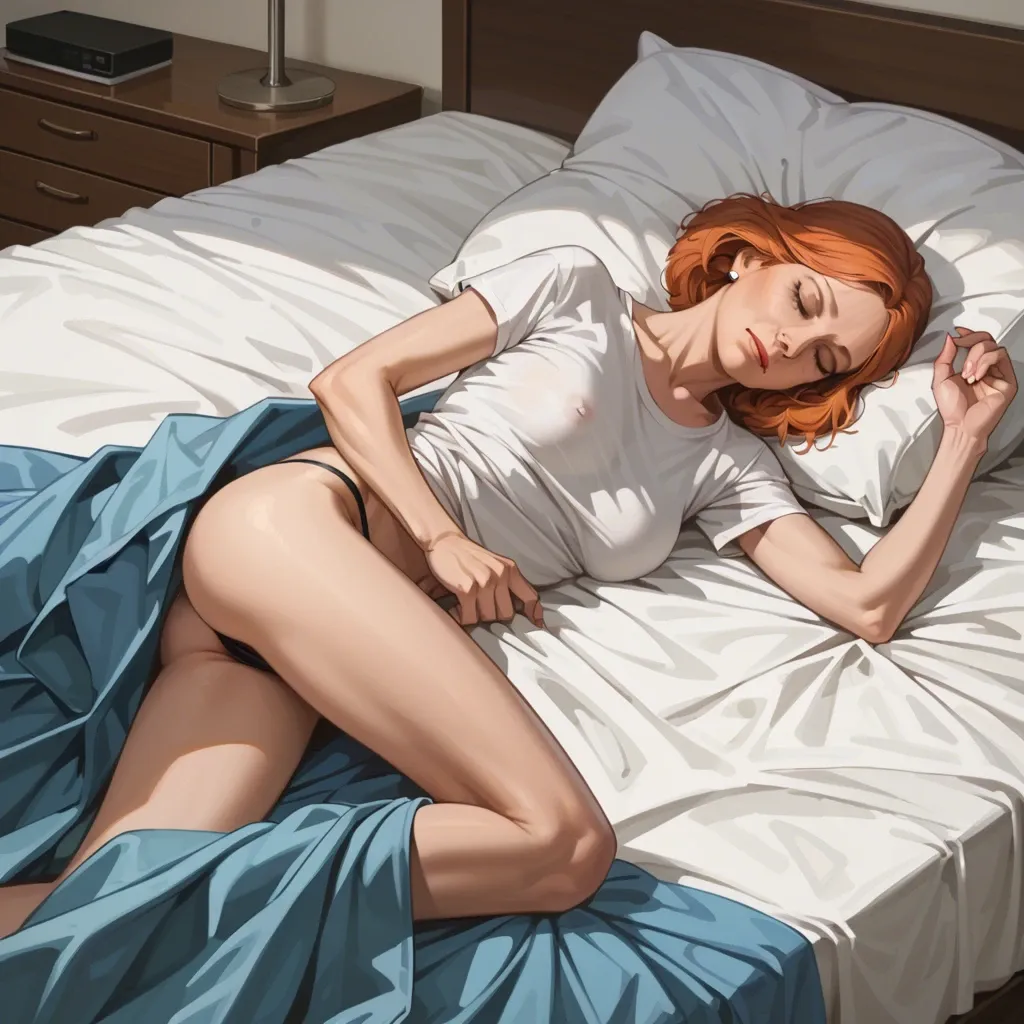 full detailed,accurate,lois griffin,mature,milf,petite chest,skinny,slim,hairy,t-shirt,thong,sleeping,bed,lying on side,blanket