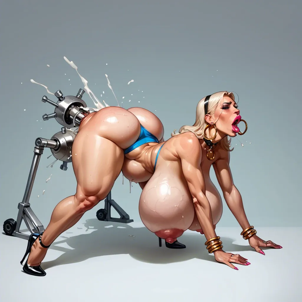 cartoonish solo bimbo, huge fat inflated fake silicon saggy tits with huge areolas and huge stiff nipples, bending over on all fours, spreading arms and legs, moaning, huge machine  in ass