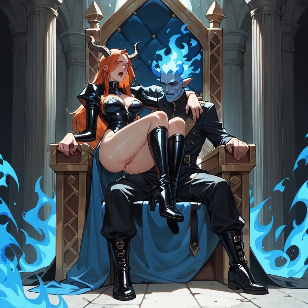 (devil with horns and a big dick sits on a throne near the hearth, fire, knee-high latex boots have sex with a sinner kneeling with his pants down, gloomy setting, the color of the flame in the hearth is blue, blue fire, futanari, futa girl beautiful eyes,