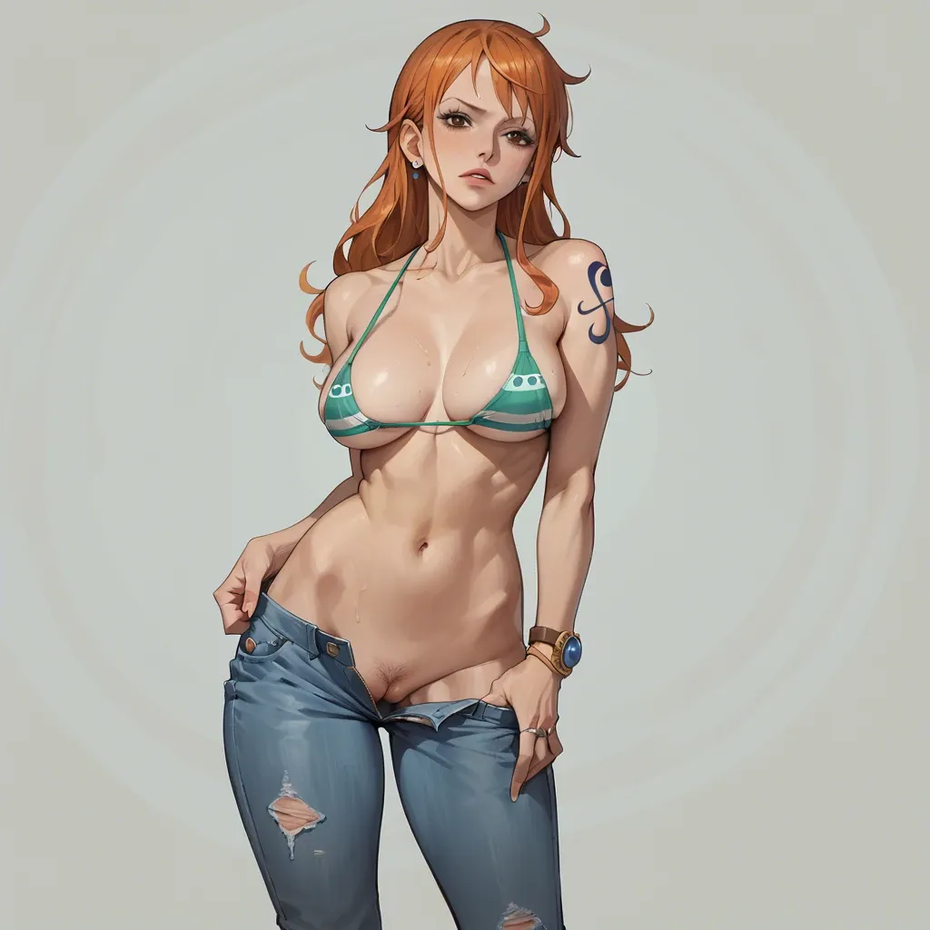 nami one piece, normal bikini pull show breasts, jeans pants,