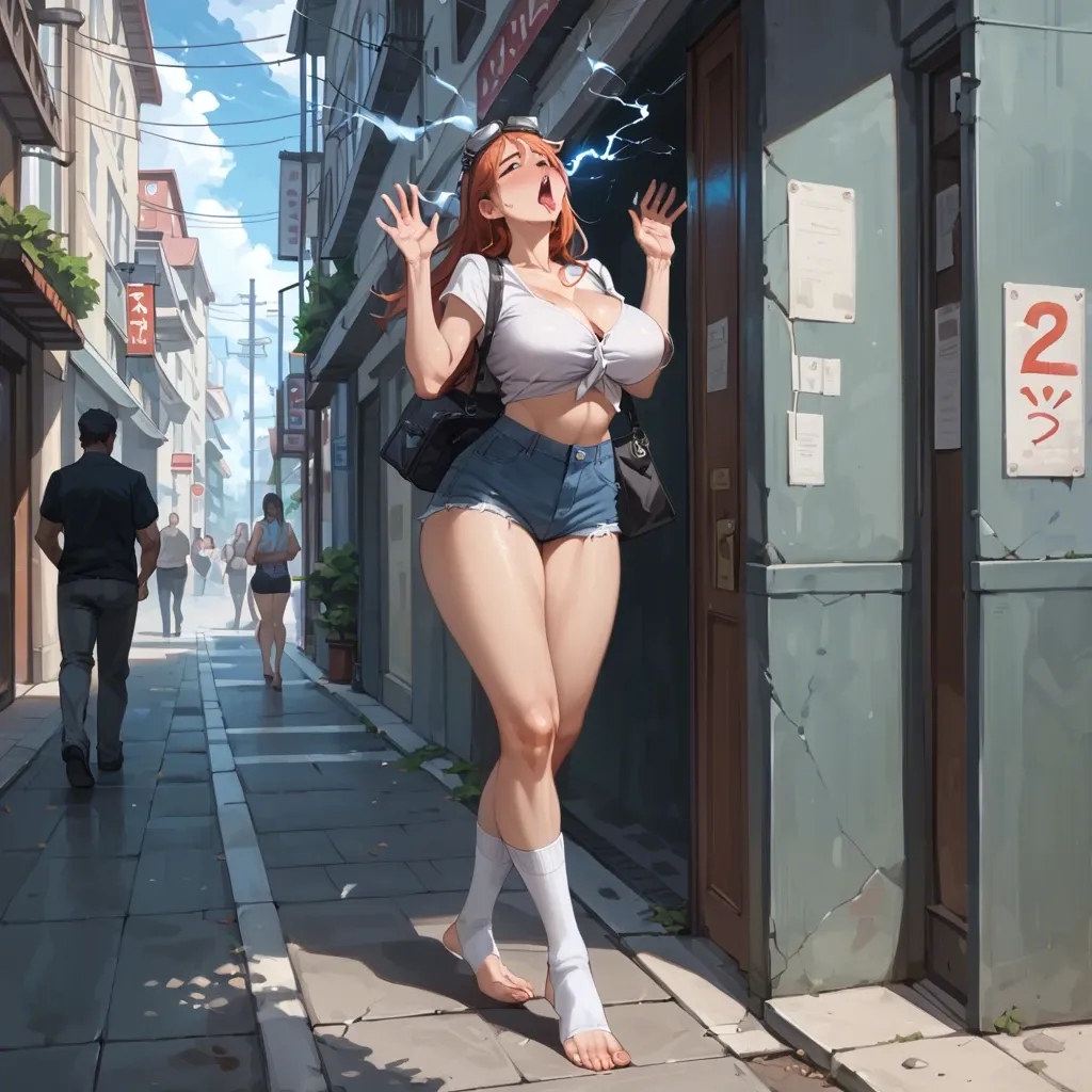 Cute and sexy robot Minako Haruno getting electrocuted by electricity, smoke around head, big breast, long socks, Barefoot foot, beautiful legs, street, in public, hands up, ahegao, Grey smoke from woman ass, smoke around head, standing, masturbating, emotionless, expressionless, head touching feet, completely bent over, knocked out