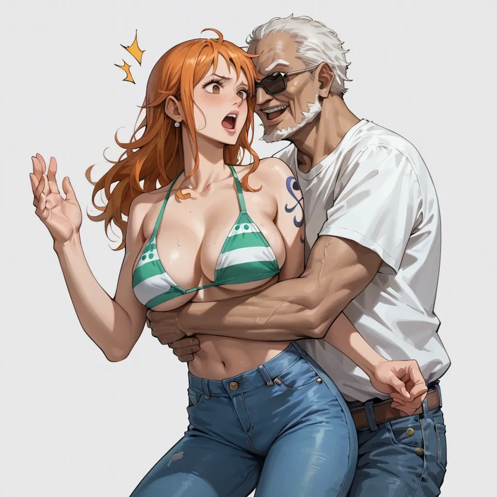 nami one piece, normal bikini, jeans pants, hug old man white tshirt sunglasses, surprised expression