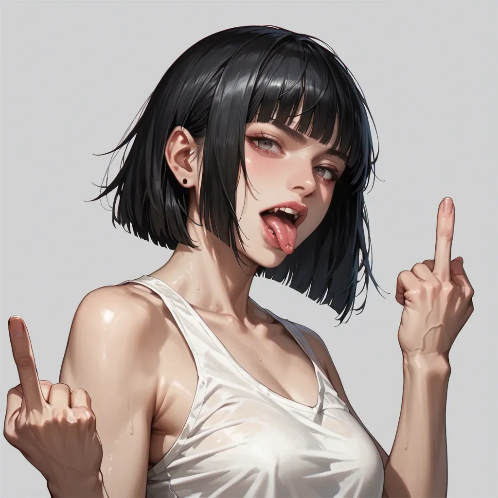 1 girl, blunt bob black hair, white tank top, tongue out, middle finger, solo, detailed, grey background