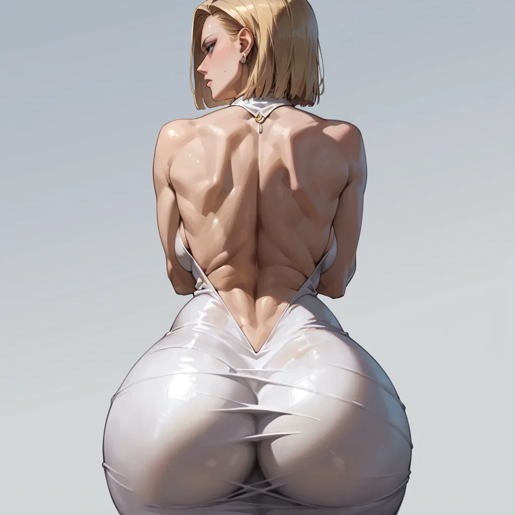 1 girl, android 18, hands on chest, detailed face, focus from behind, massive ass, massive breast, wearing dress, backless dress, tight ass, focus ass