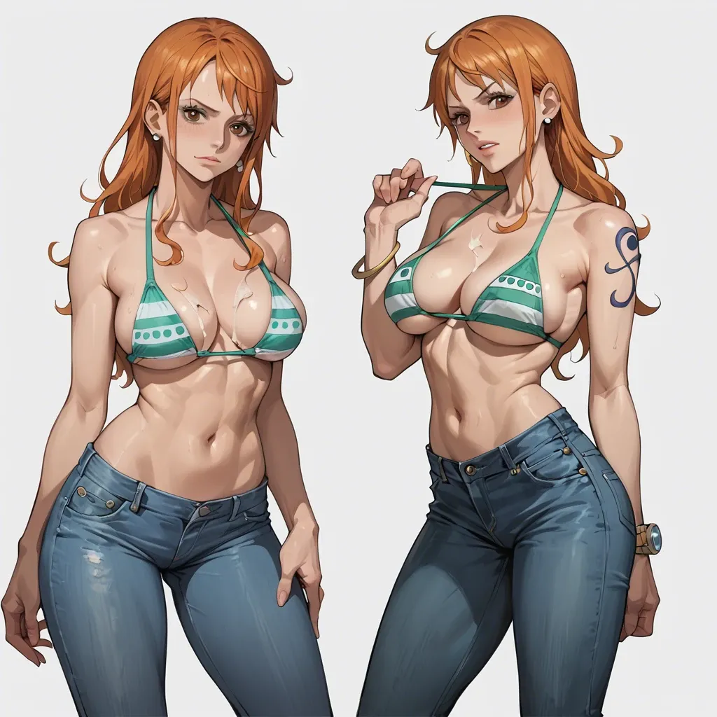 nami one piece, normal bikini show breasts, jeans pants,