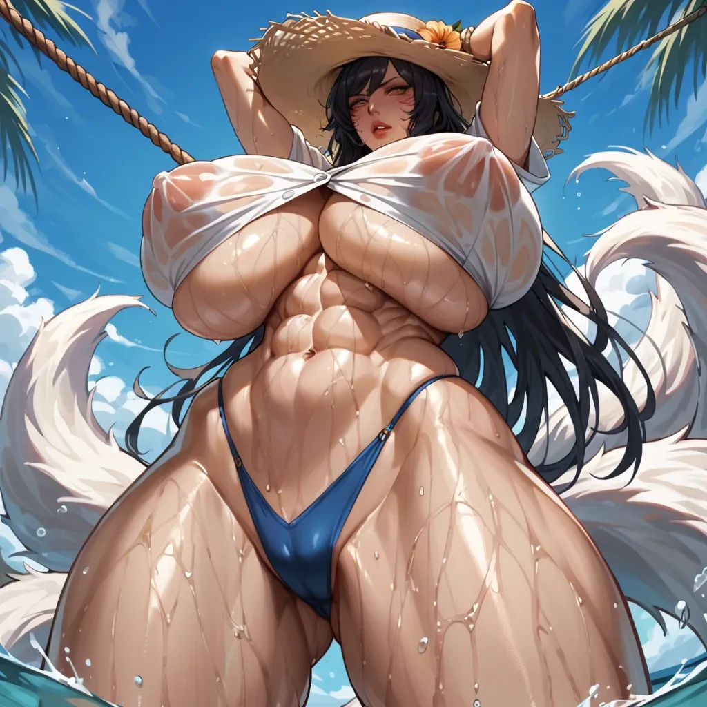 Ahri with sunhat ,  she is posing sexily at beach , boobs almost bursting out of too tight wet white button up shirt thats tied up , gigantic breasts, low angle view , abs , (gigantic saggy breasts) ,