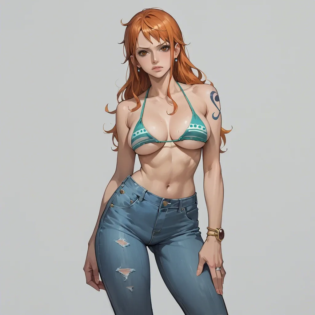 nami one piece,  jeans pants,  bikini pull show breasts