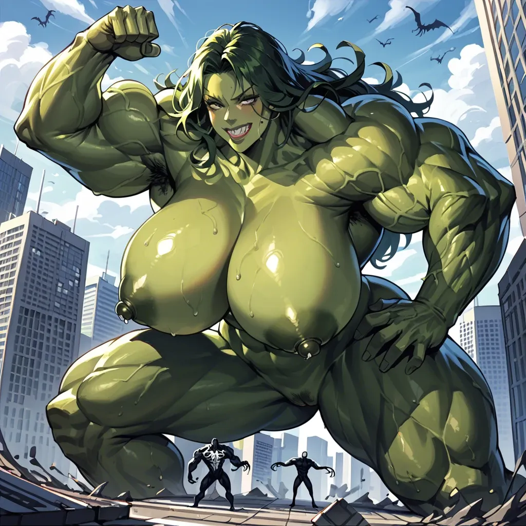 She-venom, she-hulk, 2girl, gigantic muscles, huge breasts, giga giantess, city