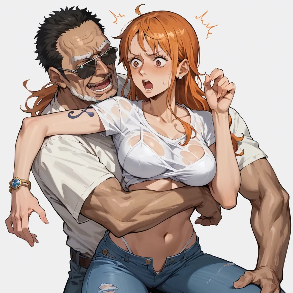 nami one piece, normal bikini, jeans pants, hug old man white tshirt sunglasses, surprised expression