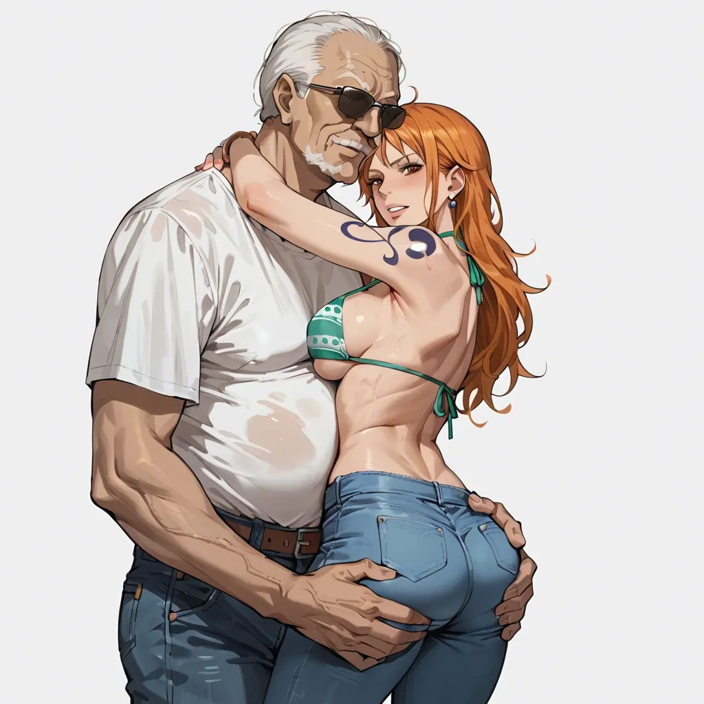 nami one piece, normal bikini, jeans pants, hug,old man white tshirt sunglasses hands on ass