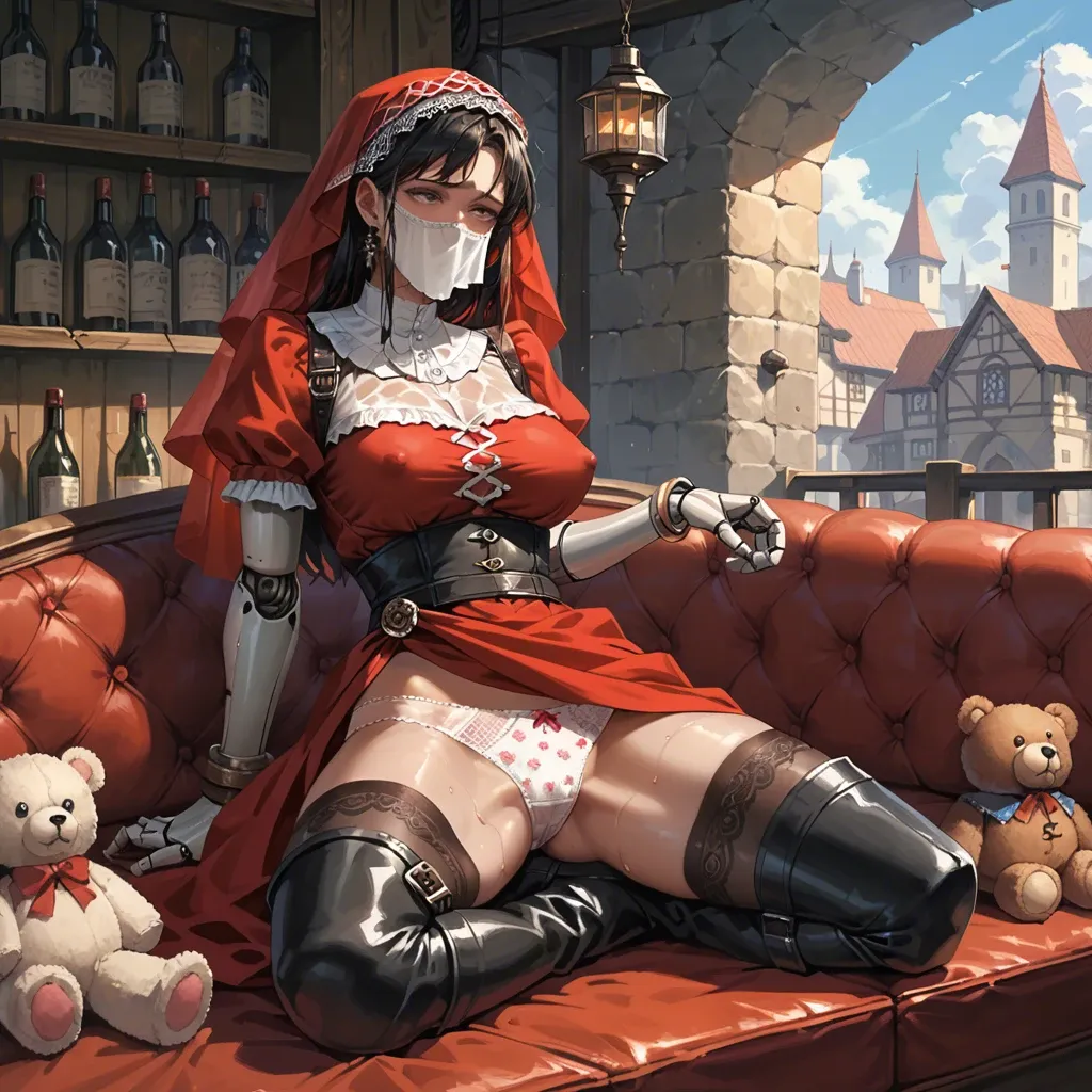 black eyes,bound hands,huge nipples,stomach, red dress,lace tights,bracelets,teddy,boots, wet shirt,leg warmers,veil,print panties,thigh boots, sit on a couch, city, medieval tavern, robot joints, source anime, zelda, zelda