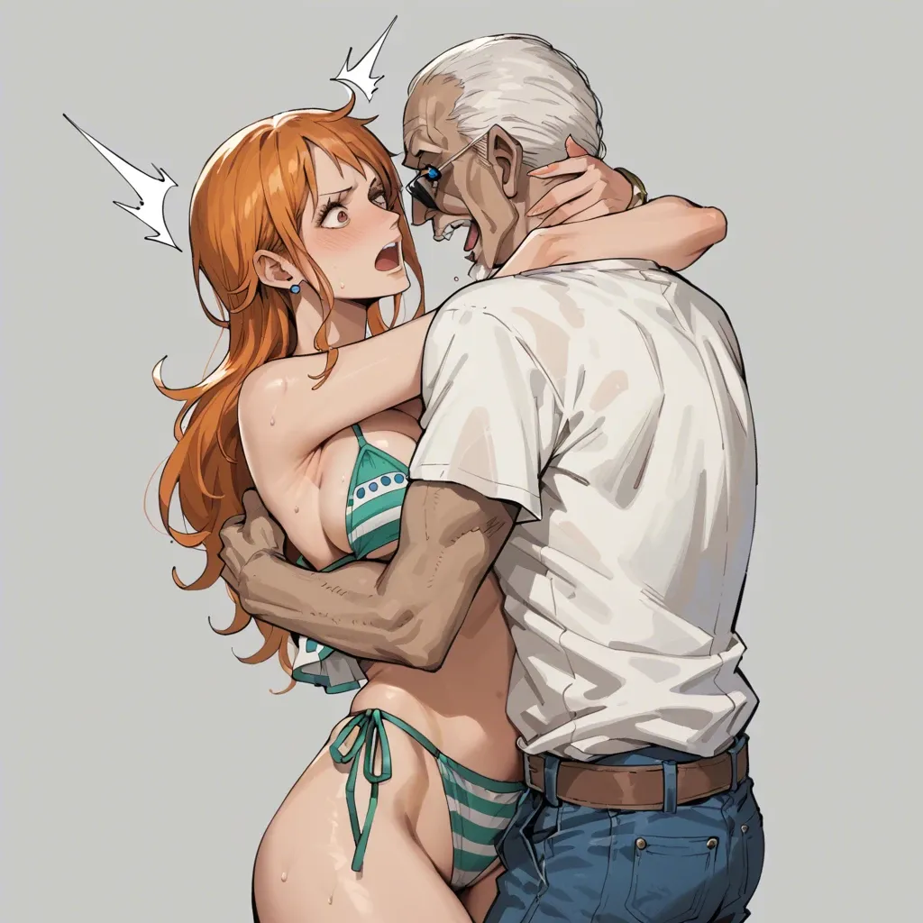 nami one piece, normal bikini, jeans pants, hug,old man white tshirt sunglasses, surprised expression