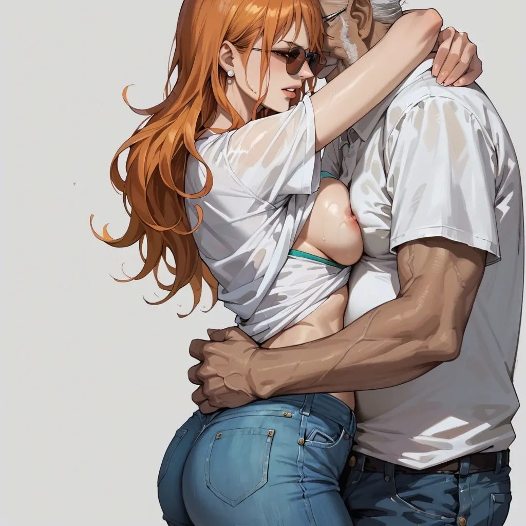 nami one piece, normal bikini, jeans pants, hug,old man white tshirt sunglasses grope ass, close ass view