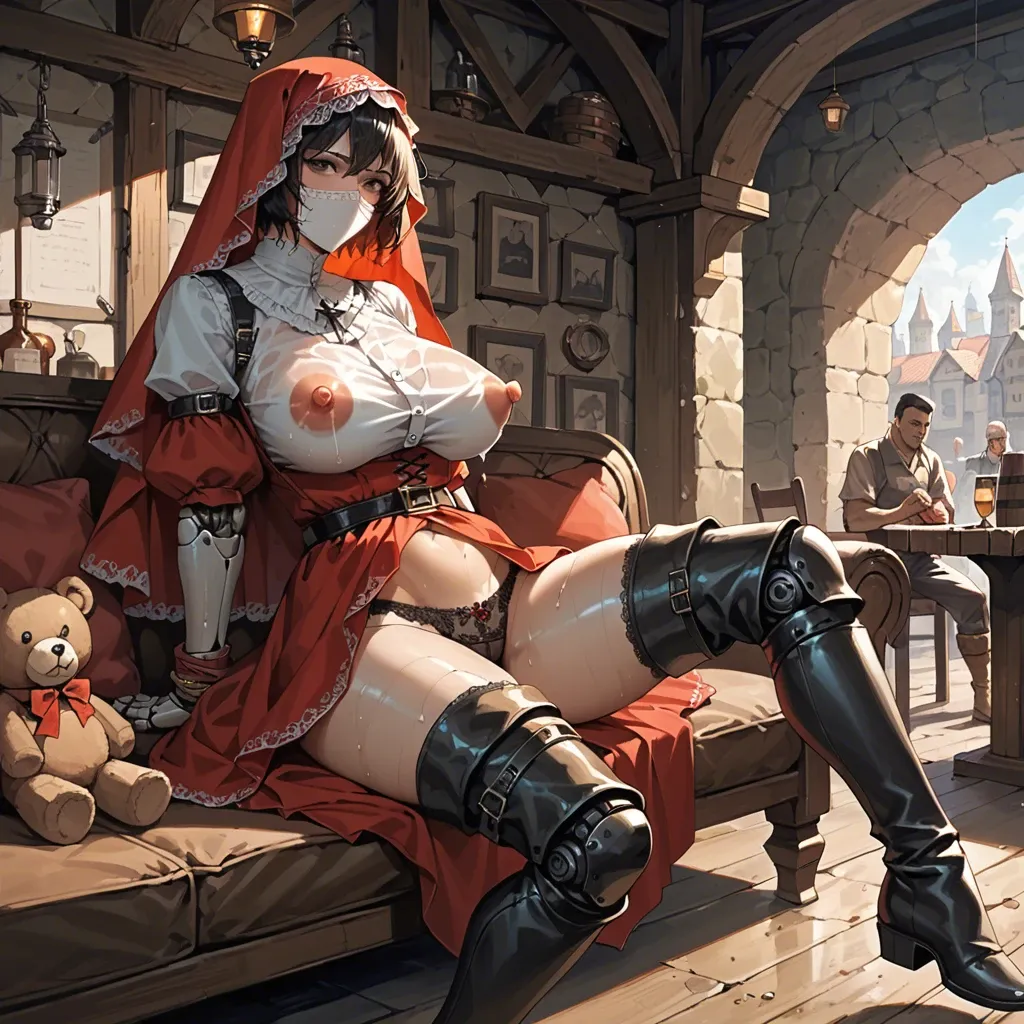 black eyes,bound hands,huge nipples,stomach, red dress,lace tights,bracelets,teddy,boots, wet shirt,leg warmers,veil,print panties,thigh boots, sit on a couch, city, medieval tavern, robot joints, source anime, zelda, zelda