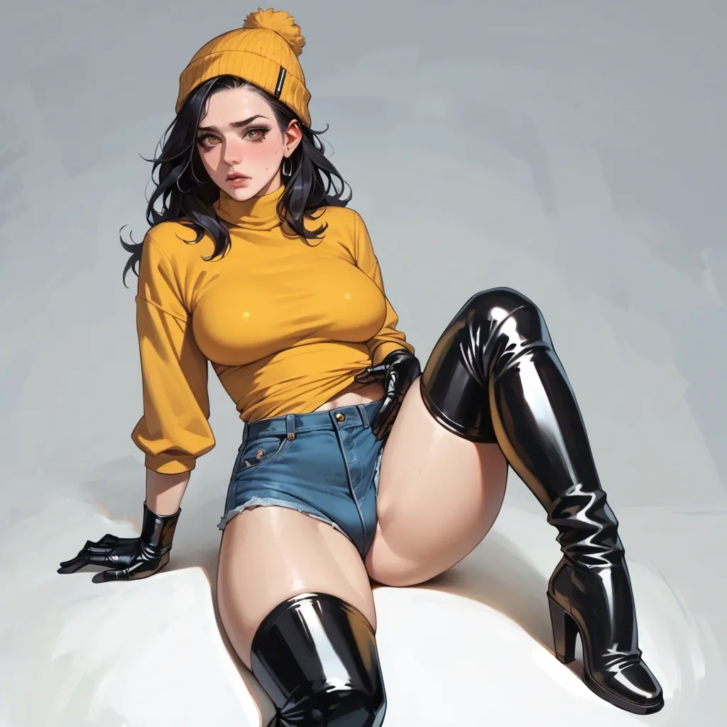 1girl, , , , dark pupils,light blushing,big tits,hips grab,on the knees, yellow dress,leg warmers,beanie,bra,armored boots, jean hotpants,knee-high socks,latex gloves,latex bodysuit,white boots, in a gym, blake, medieval prison, multiple dildos, realistic skin, golden hour, princess zelda, wonder woman, hatsune miku