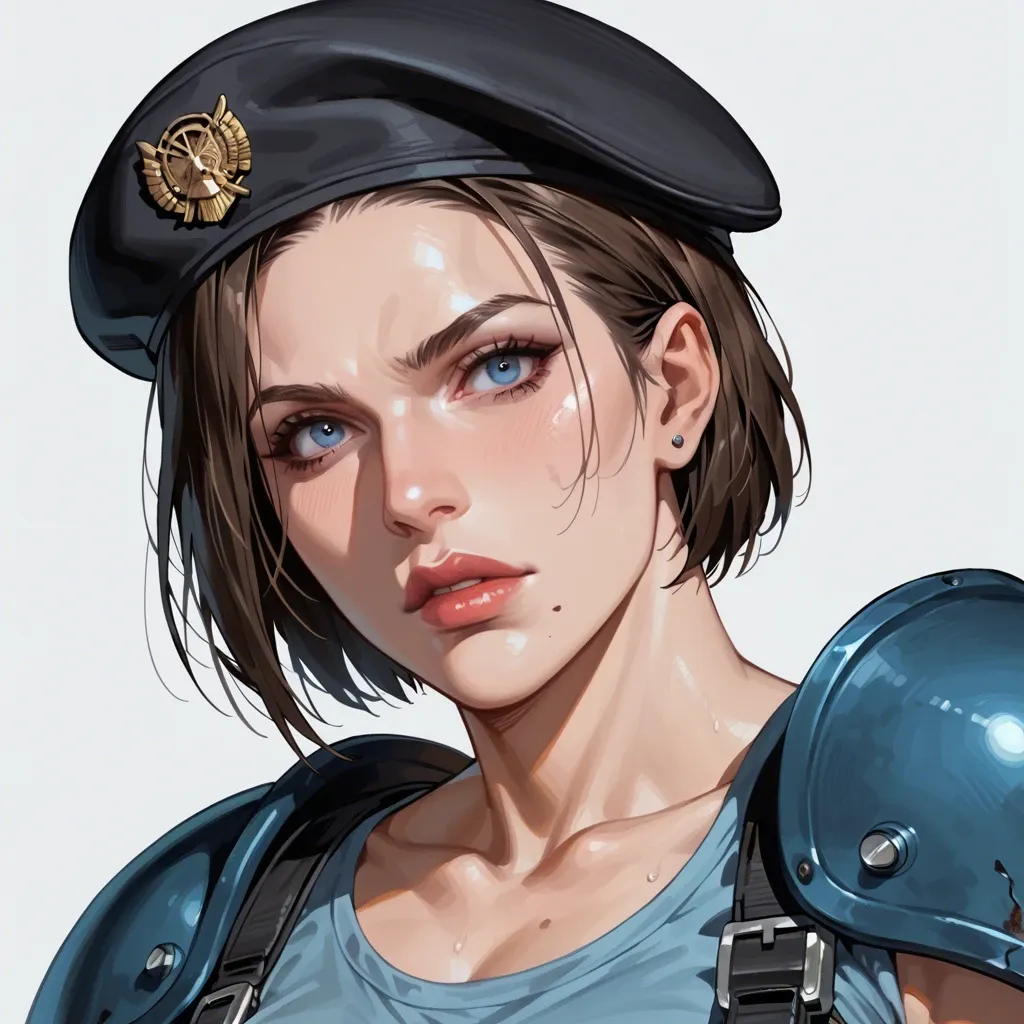 Jill Valentine beautiful sexy bitch, dynamic camera angle, extreme close-up, resident evil, fitted beret, dark blue shoulder pads, light blue t-shirt, wandering the dark zombie infested hallways of the Spencer mansion, highly detailed, dramatic pose, dynamic lighting and shadows, establishing shot, dramatic angle, extreme angle shot, night time, she points her handgun at a zombie and shoots