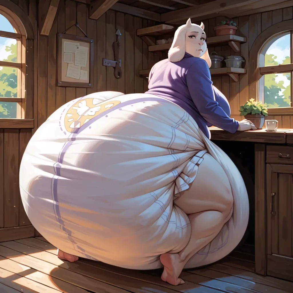 1 girl,solo,,,, toriel (undertale), big tits, huge ass, wide hips, thick thighs, hyper fat, hyper diaper, cottage