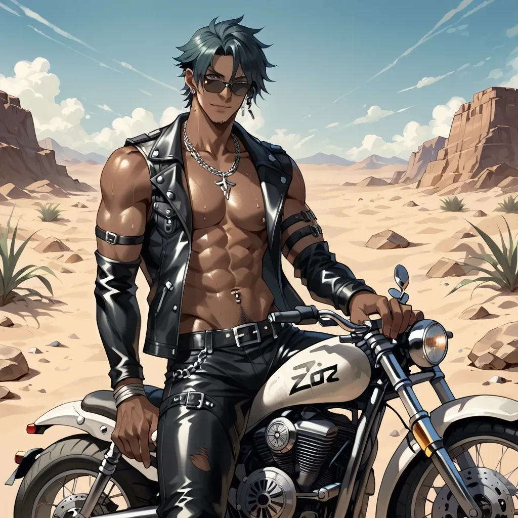 Zenless Zone Zero, Lighter Letonze, Lighter, Biker, Male, Anime, Anime Style, leather, Desert, Apocalyptic, Sweaty, charming, smile, cool, piercings, sunglasses, dark teal hair