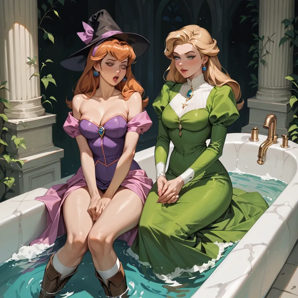 2girl, , , , arching back,good hands,perky breast,narrow hips,on her knees, dark green gown,white socks,black hat,highleg panties,brown boots, bathtub, daphne blake, medieval dress, princess peach, elsa hair, hatsune miku