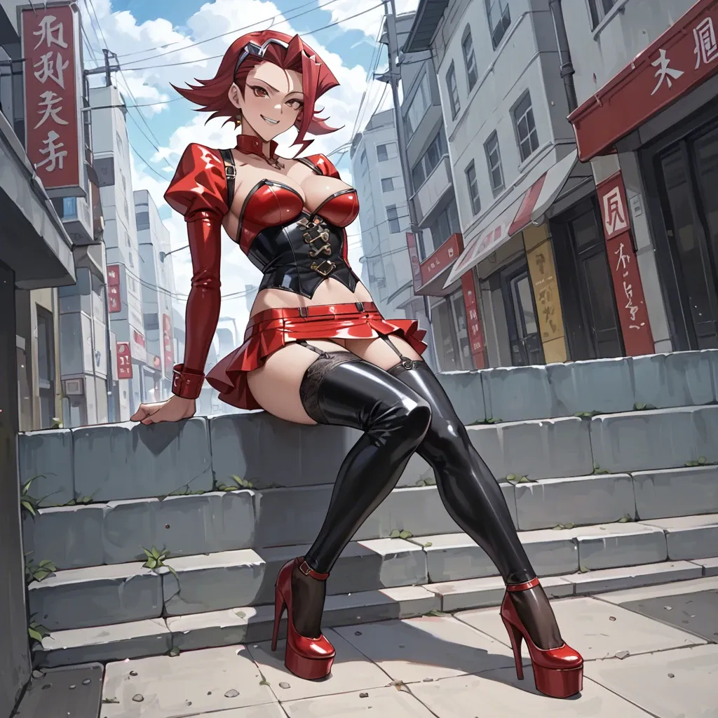 Akiza Izinski, yu-gi-oh anime, smiling, white tight blouse,  leather corset,  garter belt,  black latex long socks,  red latex micro skirt,  red platform highheels, in a street