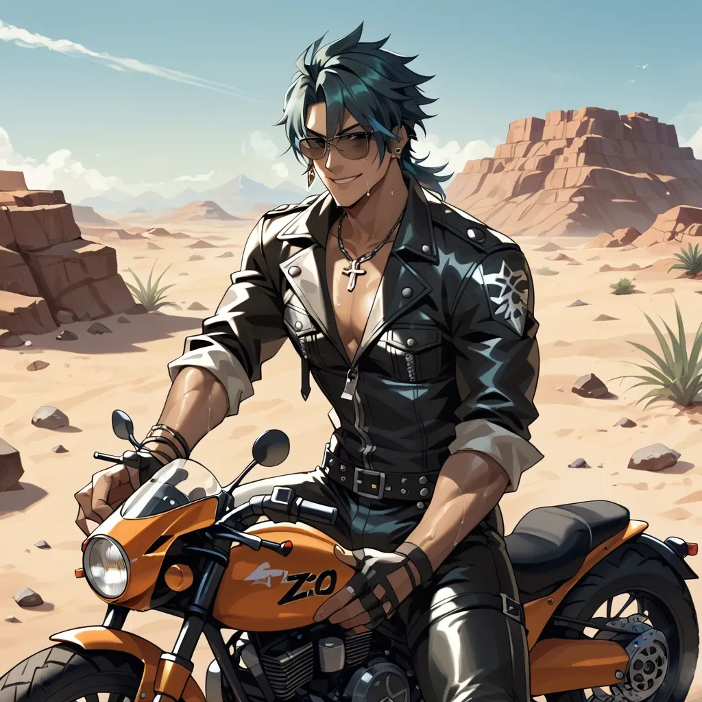 Zenless Zone Zero, Lighter Letonze, Lighter, Biker, Male, Anime, Anime Style, leather, Desert, Apocalyptic, Sweaty, charming, smile, cool, piercings, sunglasses, dark teal hair