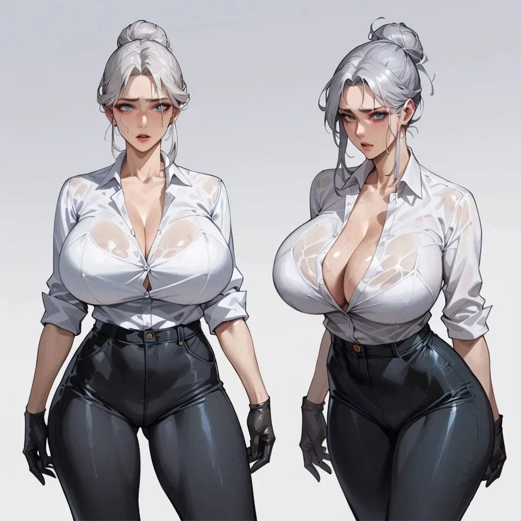 Korean girl, silver hair, bun, blue eyes, huge breasts, wide hips, white shirt, black gloves, black tight pants