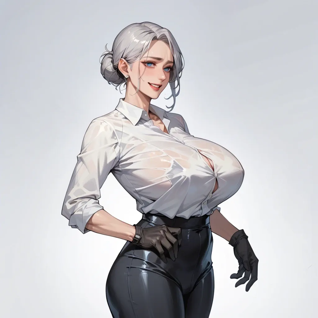 Korean milf, silver hair, bun, blue eyes, huge breasts, white shirt, black gloves, black tight pants, smiling, confidence, standing