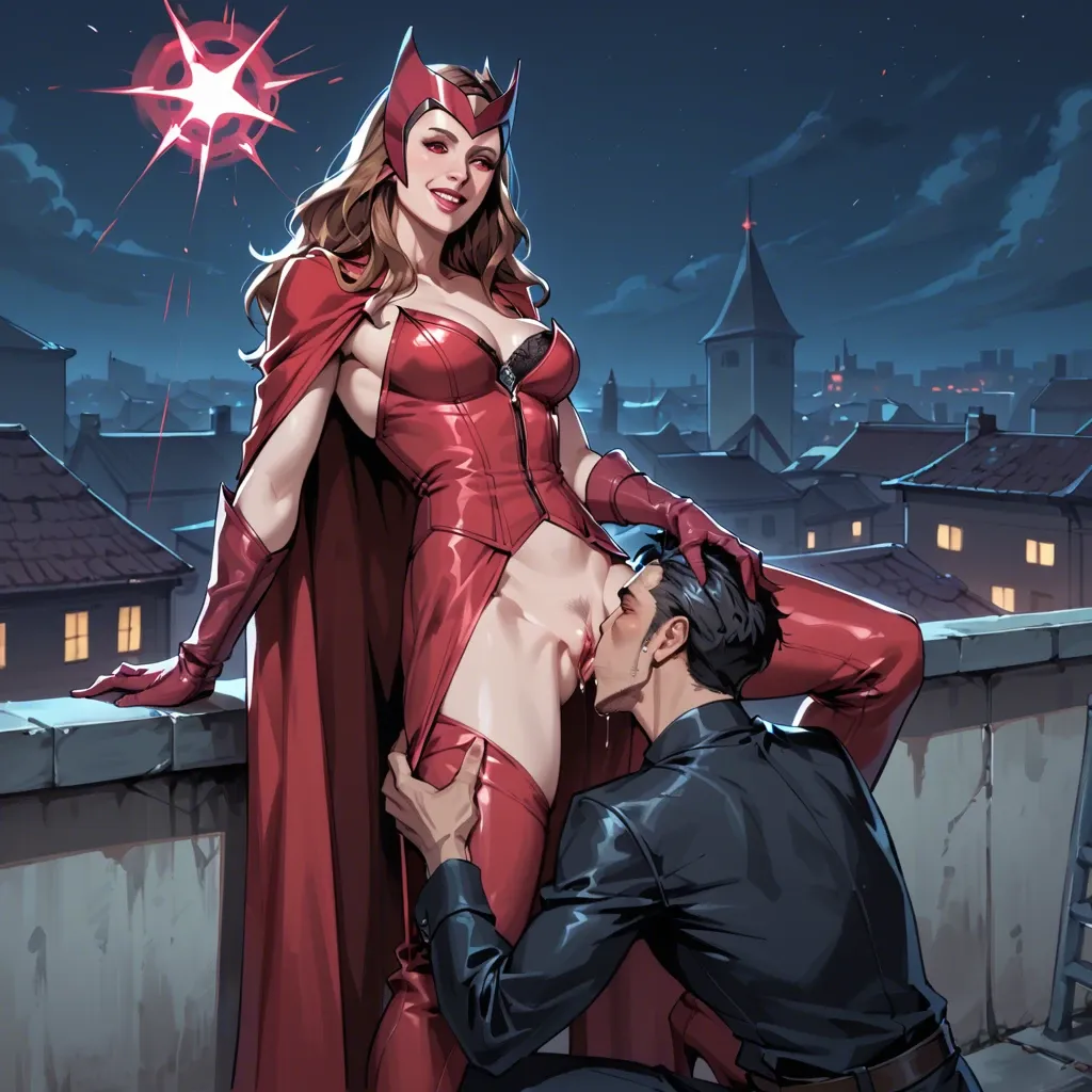 Smile Scarlet witch, red eyes, clothes, femdom, night, roof, pants, standing cunnilingus, magic control body