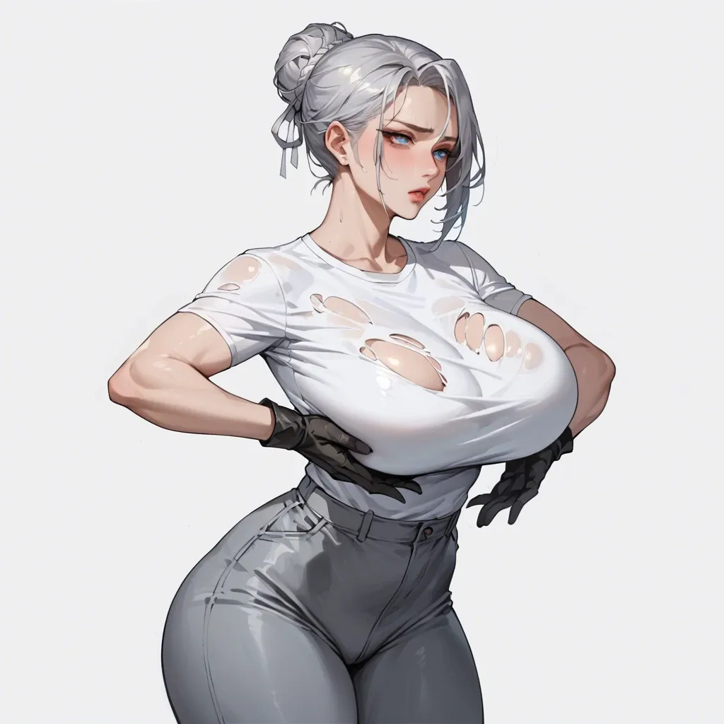 Korean girl, silver hair, bun, blue eyes, huge breasts, wide hips, white shirt, fold arms, black gloves, black tigh pants