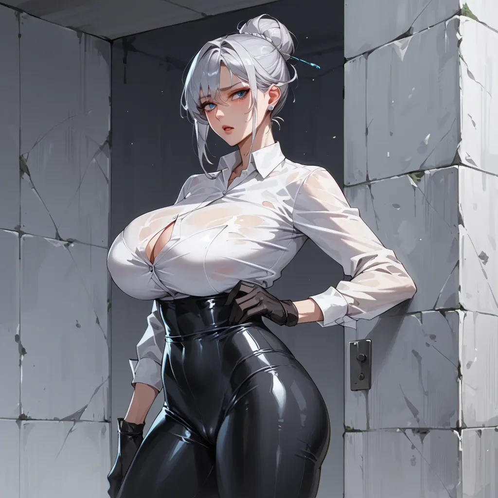 Korean girl, silver hair, bun, blue eyes, huge breasts, white shirt, black gloves, black tight pants, standing