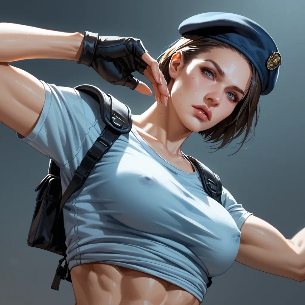 Jill Valentine beautiful sexy bitch, dynamic camera angle, extreme close-up, resident evil, fitted beret, dark blue shoulder pads, light blue t-shirt, wandering the dark zombie infested hallways of the Spencer mansion, highly detailed, dramatic pose, dynamic lighting and shadows, establishing shot, dramatic angle, extreme angle shot, night time, she points her handgun at a zombie and shoots