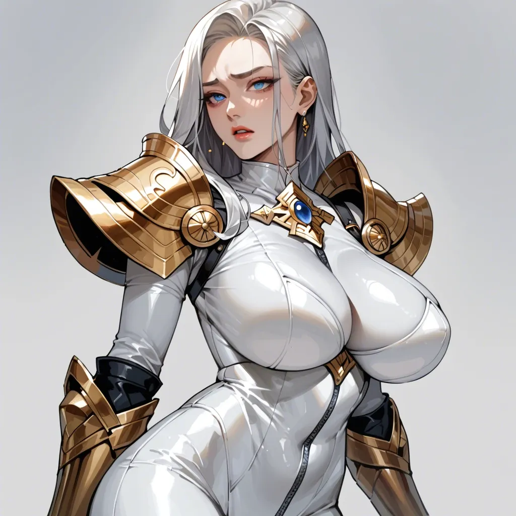 Korean girl, silver hair, blue eyes, huge breasts, white latex suit, golden gauntlets, golden shoulder armor